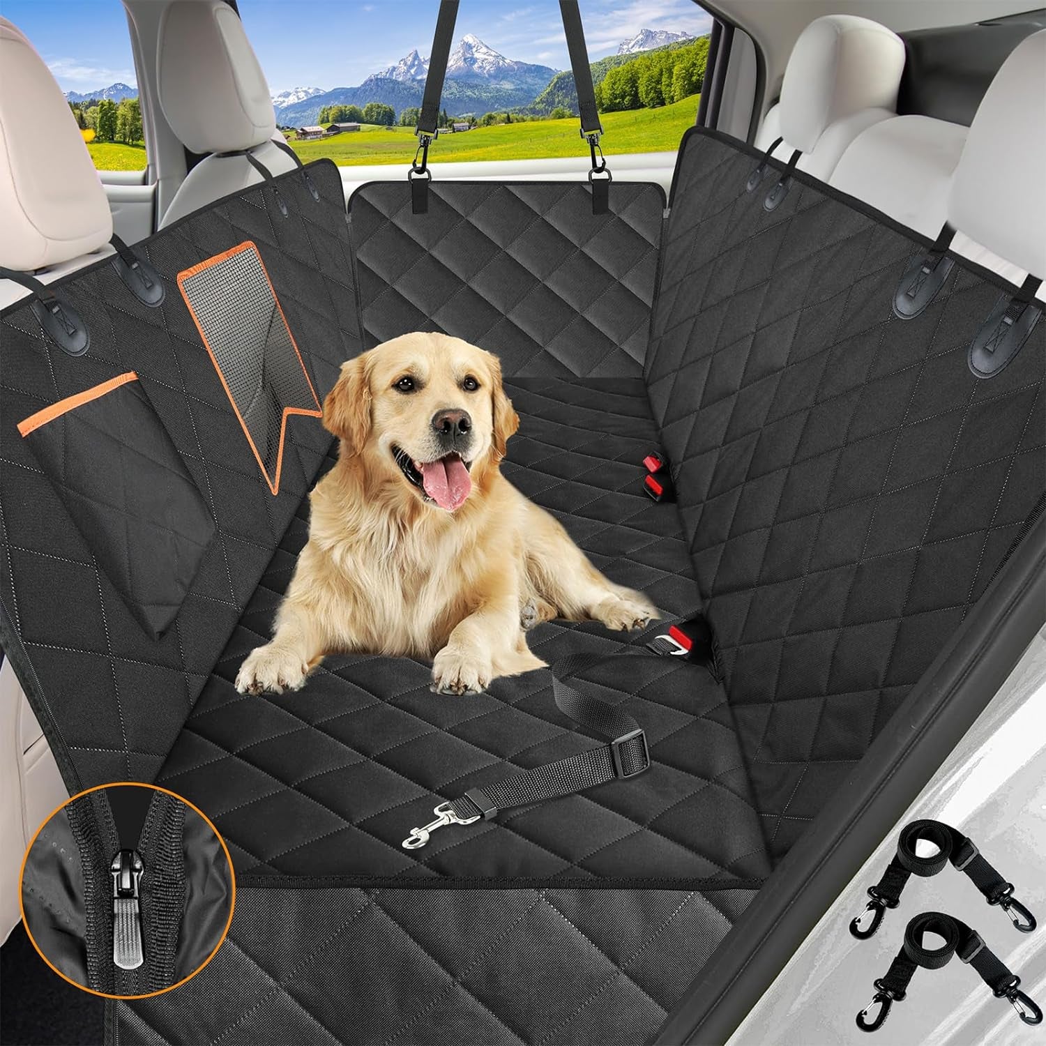 Dog Car Seat Cover for Back Seat, Waterproof Hammock with Mesh Window